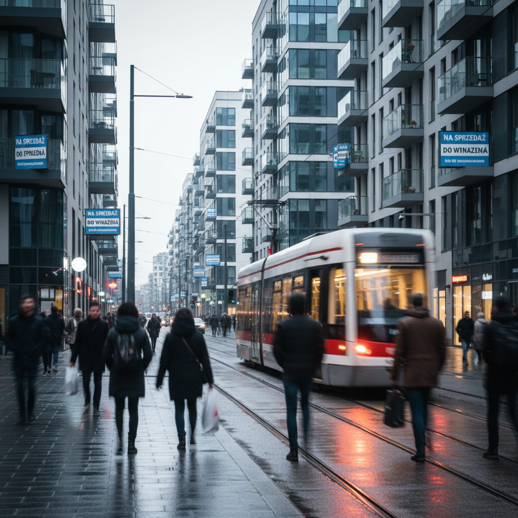 Dynamika Rynku - Dynamiczne, lekko rozmyte ujęcie tętniącej życiem ulicy w nowoczesnej dzielnicy mieszkaniowej. Widać ludzi spacerujących, przejeżdżający tramwaj i kilka szyldów "Na sprzedaż" lub "Do wynajęcia" na nowych budynkach. Zdjęcie ma oddawać energię i ruch na rynku, podkreślając zarówno okazje, jak i chaos, w którym trzeba się odnaleźć.